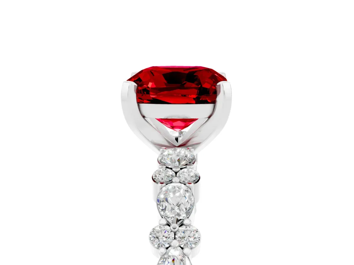 Cushion Cut Ruby Side Stone Solitaire Ring with Round and Four-Prong Setting White gold