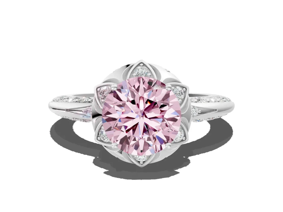 Fancy Pink Round Cut Halo Split Shank Pave Diamond Ring with Petal Prong Setting Platinum