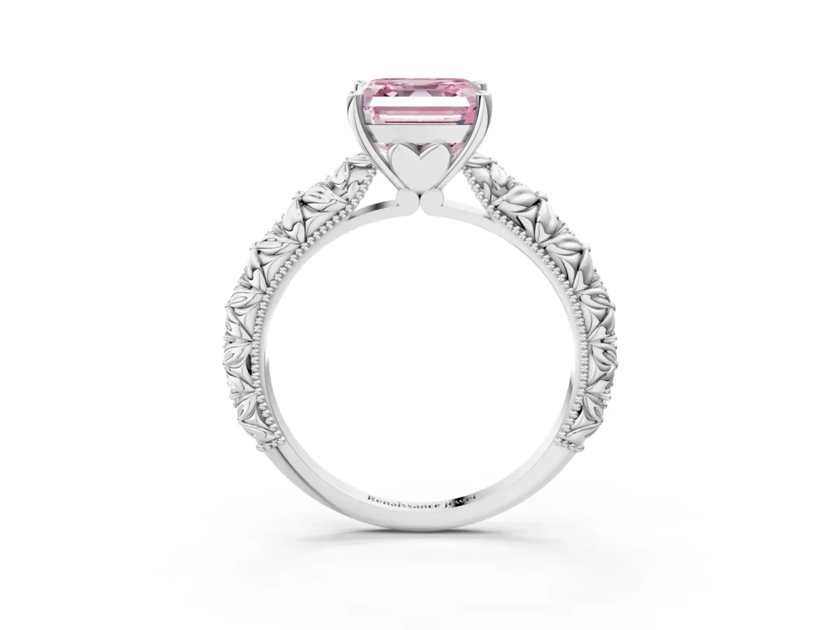 Fancy Pink Asscher Cut Solitaire Floral Milgrain Engagement Ring Platinum