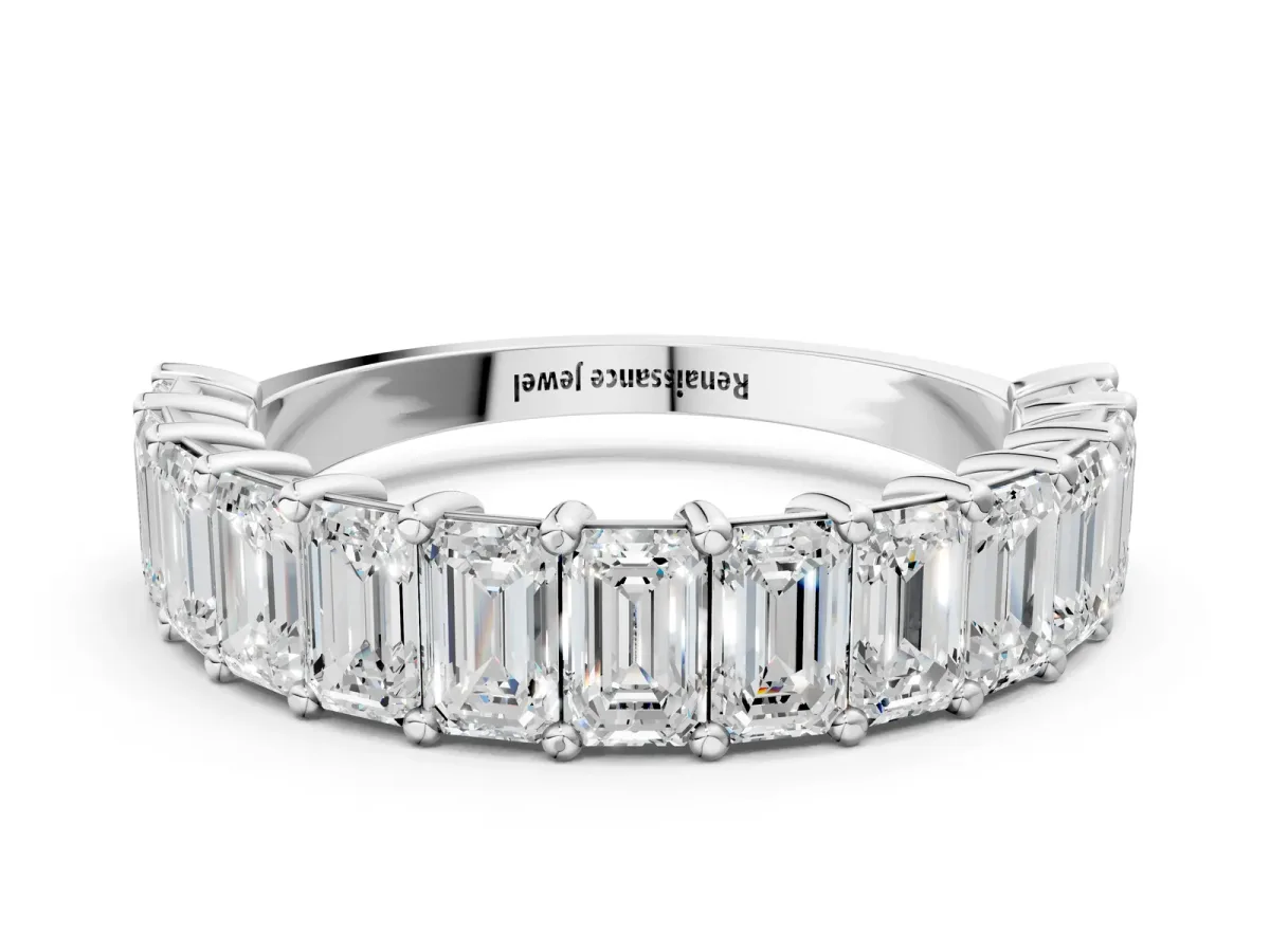 emerald Cut half eternity band with shared prong setting Silver