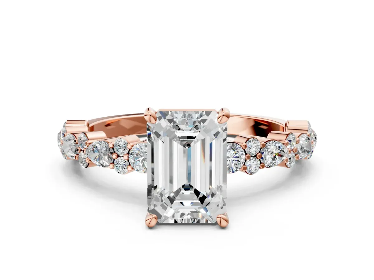 Emerald Cut Diamond Side Stone Solitaire Ring with Round and Four-Prong Setting Rose gold