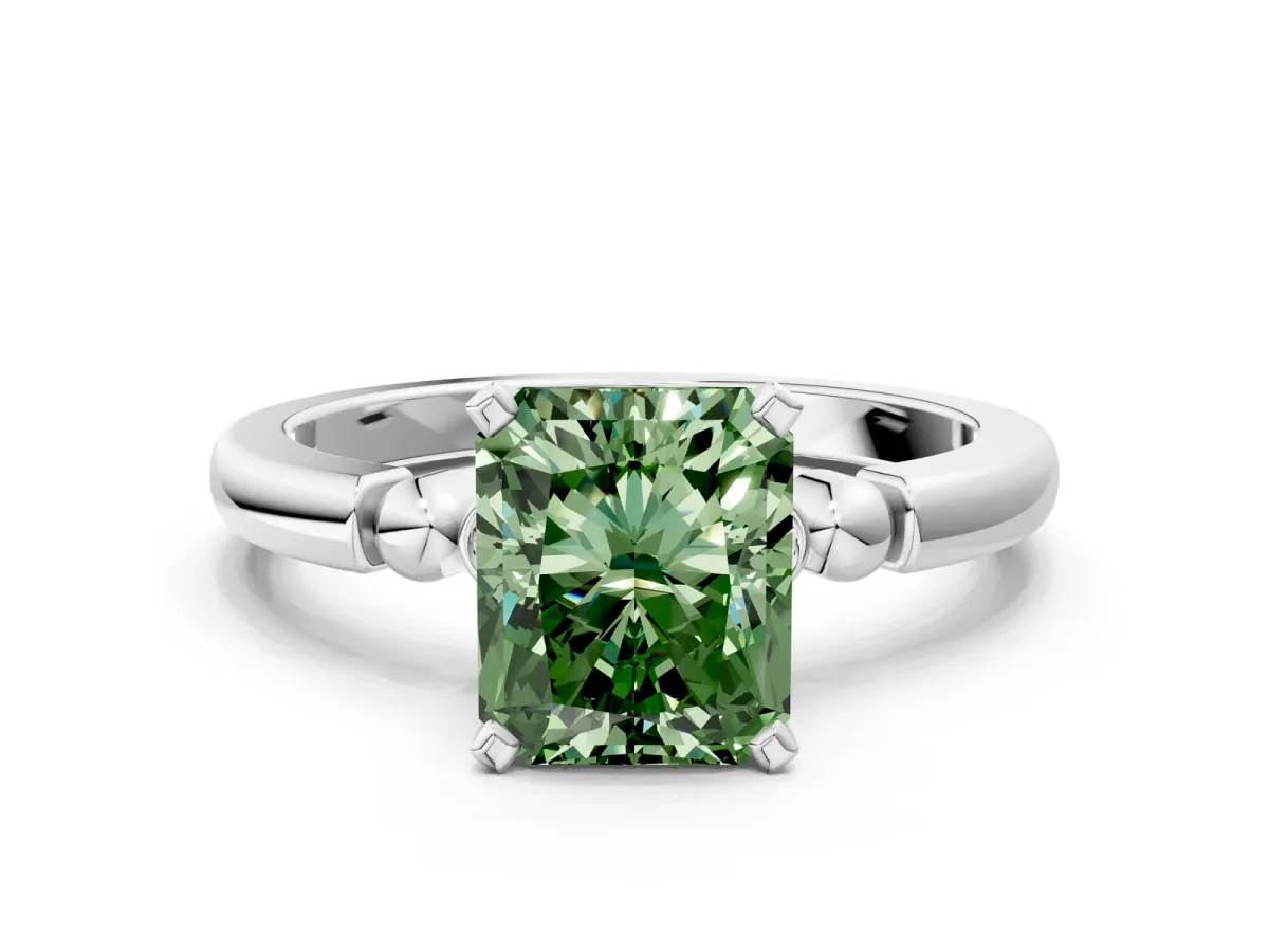 Fancy Green Radiant Cut Solitaire Beaded Band with Four-Prong Setting Platinum