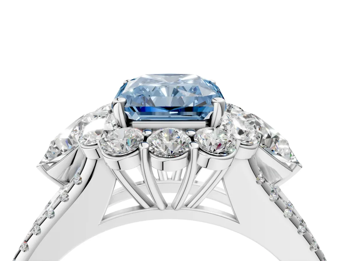 Fancy Blue Radiant Cut Halo Split Shank Diamond Engagement Ring with Prong Setting Platinum