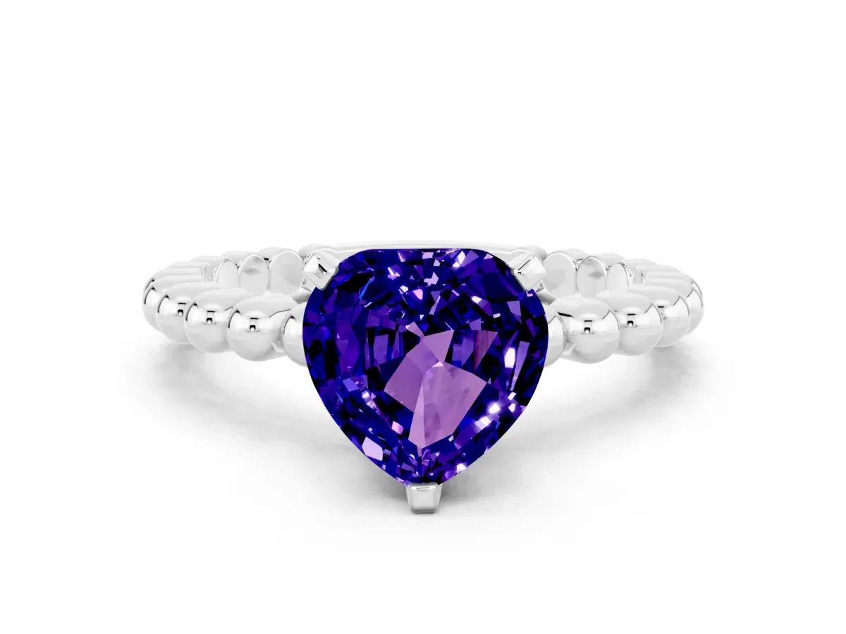Heart Cut Tanzanite Solitaire Ring with Beaded Band and Prong Setting Platinum