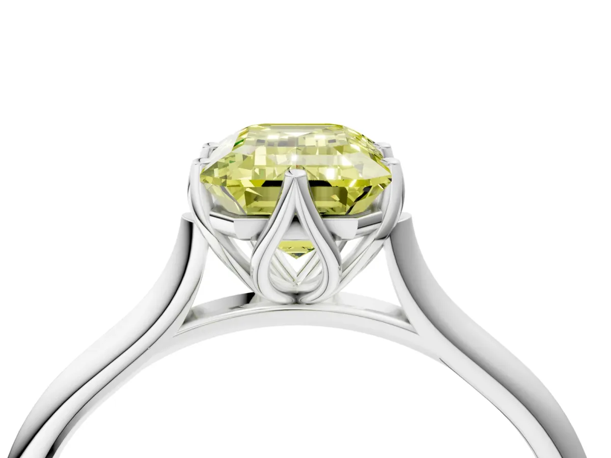 Fancy Yellow Emerald Cut Solitaire Cathedral Diamond Ring with Six-Prong Setting Silver