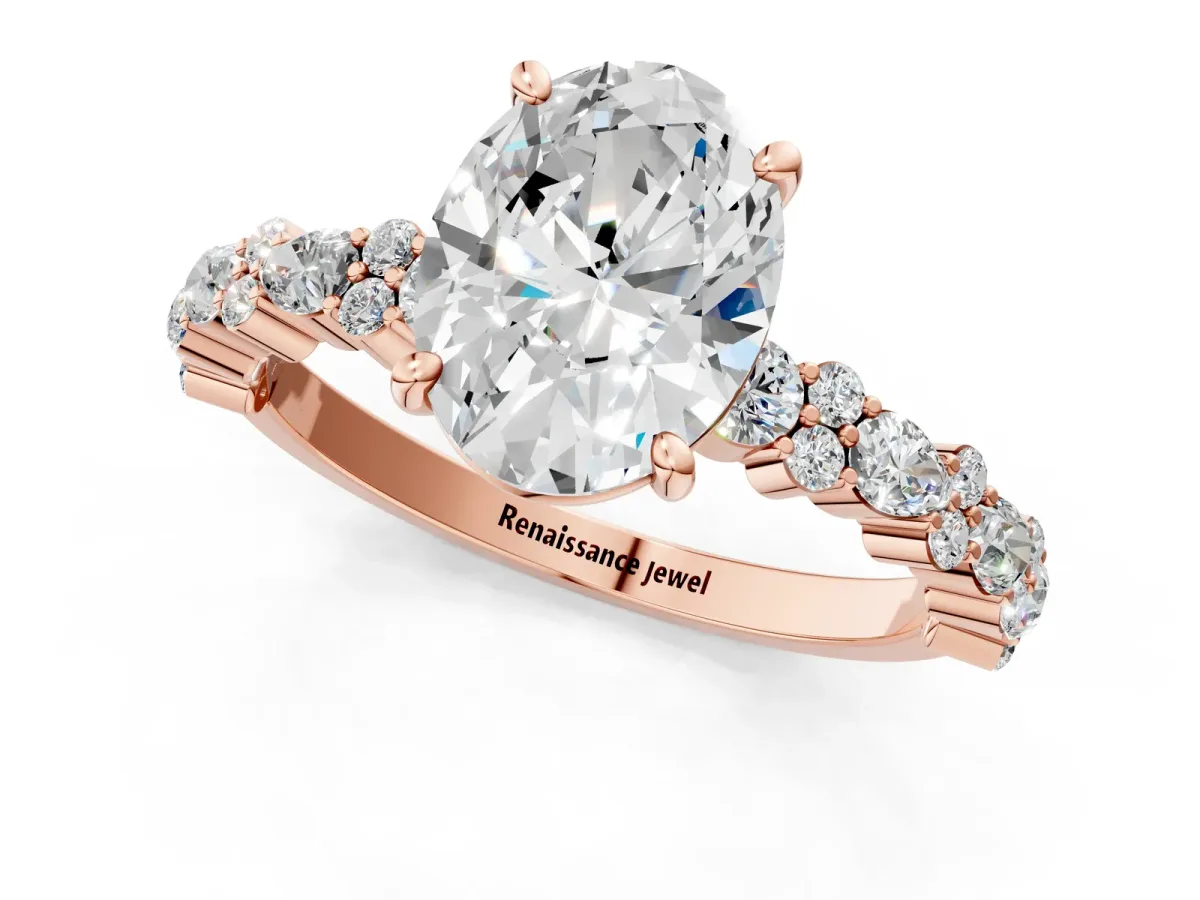 Oval Cut Diamond Side Stone Solitaire Ring with Round and Four-Prong Setting Rose gold