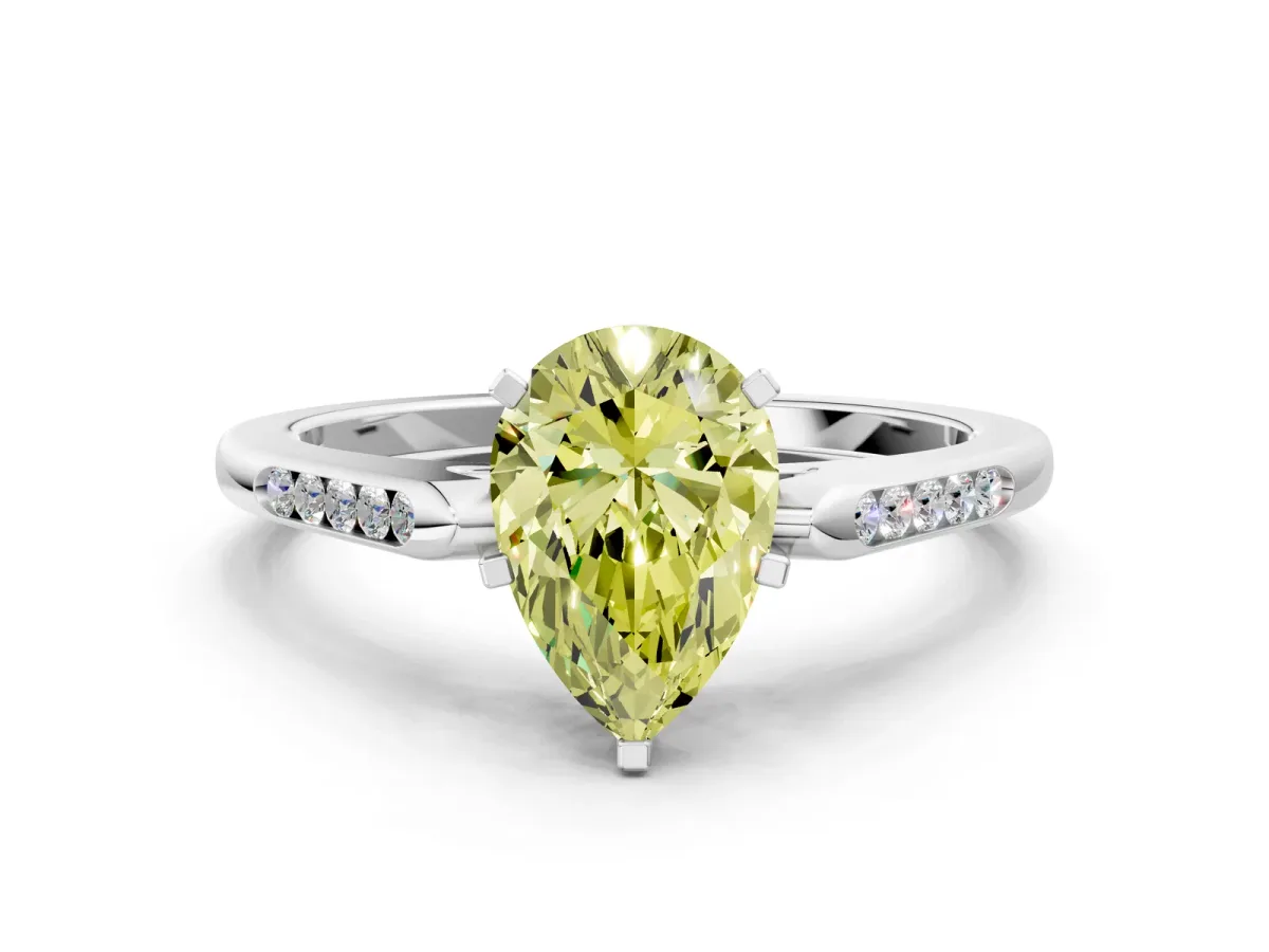 Fancy Yellow Pear Cut Diamond Solitaire Ring with Channel Set Round Band and Prong Setting Silver