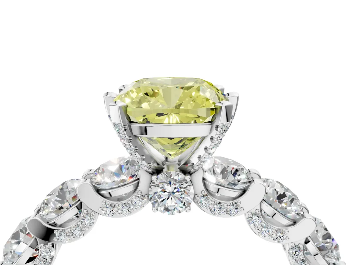 Fancy Yellow Cushion Cut Diamond Side Stone Engagement Ring with Four-Prong Setting Silver