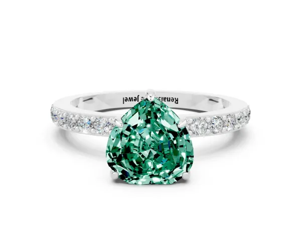 Heart Cut Green Sapphire Solitaire Engagement Ring with Pavé Band and Four-Prong Setting Platinum