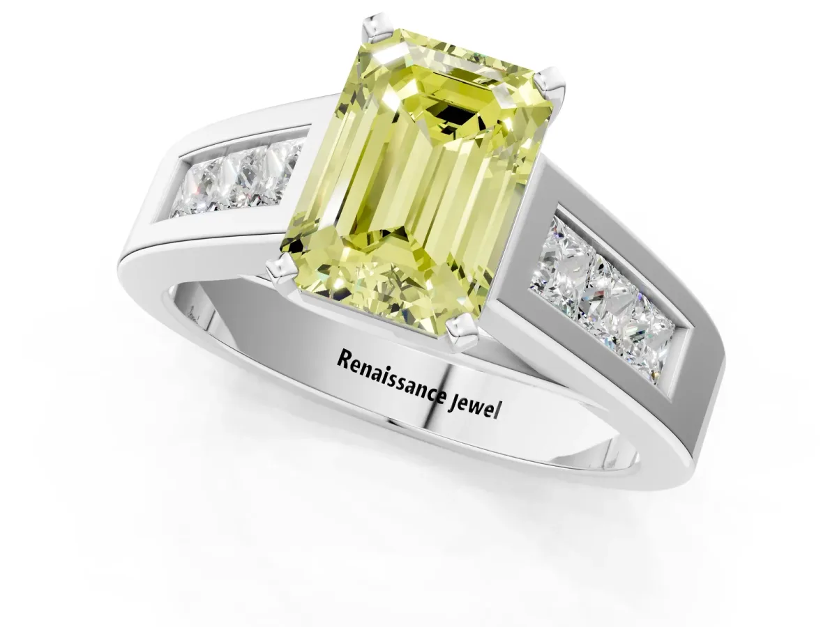Fancy Yellow Emerald Cut Cut Channel Set Solitaire Ring with Four-Prong Setting Silver