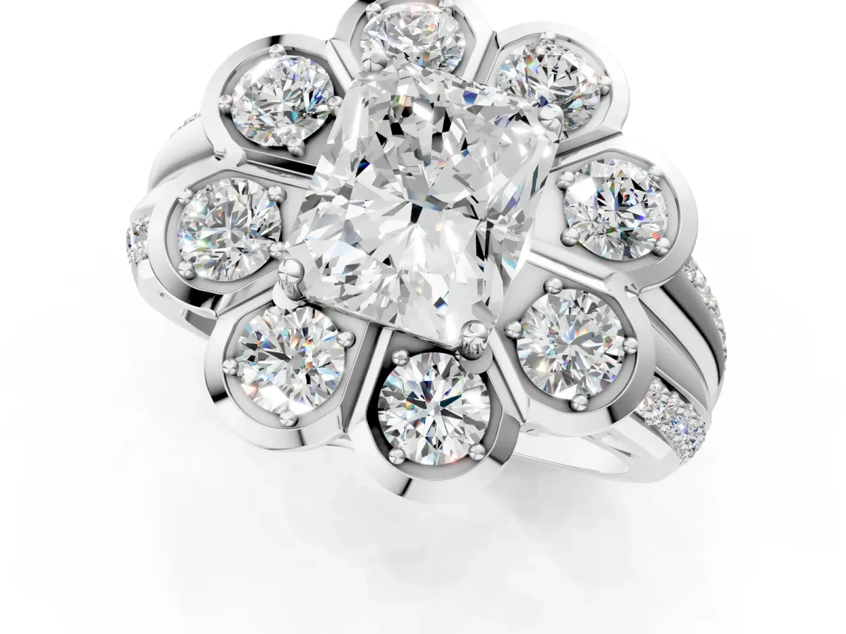 Radiant Cut Brilliant Flower Halo Diamond Split Shank Ring Platinum