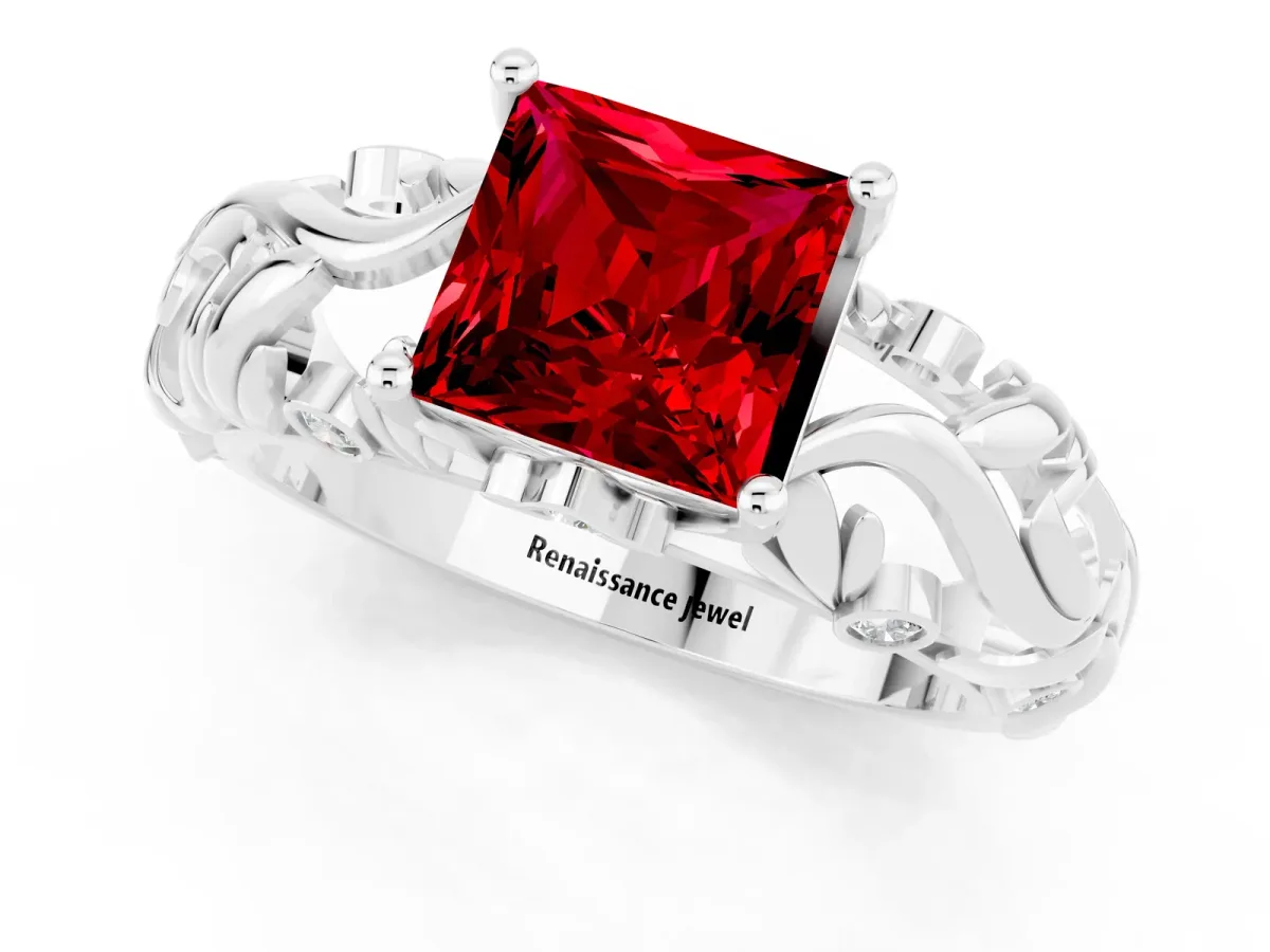 Princess Cut Solitaire Ruby Leaf-Inspired Vine Band Ring with Prong Setting White gold