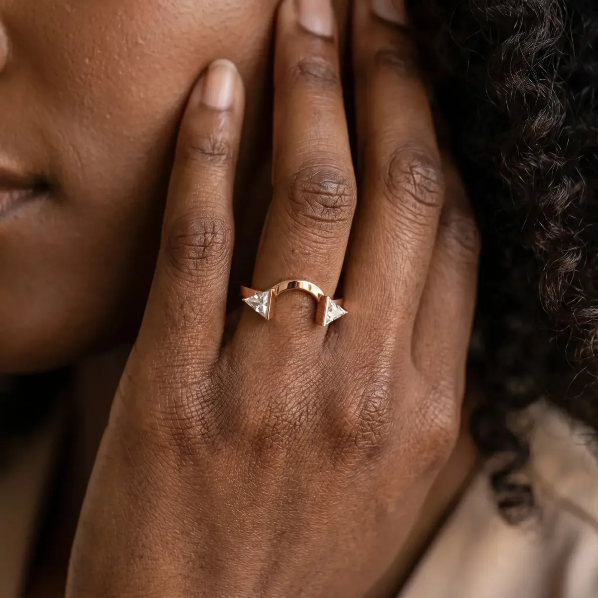 Trillion Diamond Open Band Ring with Bezel Setting Rose gold