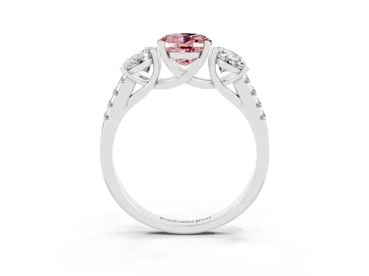 Three-Stone Oval Cut Morganite Ring with Round Pavé Band and Prong Setting Silver