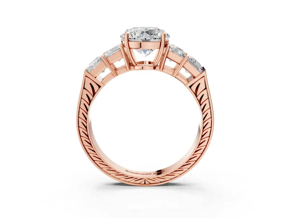 Round Cut Solitaire Princess Side Stone Engraved Band Prong Setting Ring Rose gold