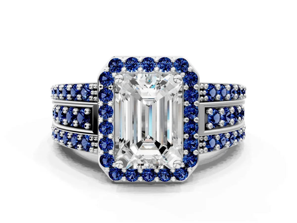 Emerald Cut Halo Diamond Ring with Round Blue Sapphire Split Shank and Prong Setting Platinum