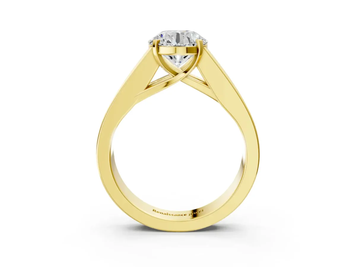 Round Cut Cut Channel Set Solitaire Ring with Four-Prong Setting Yellow gold