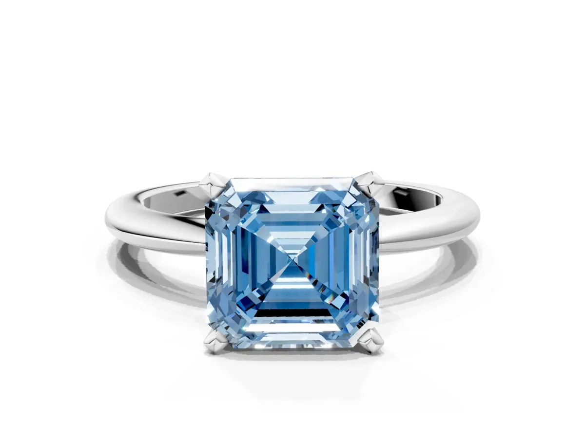 Fancy Blue Asscher Cut Diamond Solitaire Ring with Six-Prong Setting and Classic Band Silver
