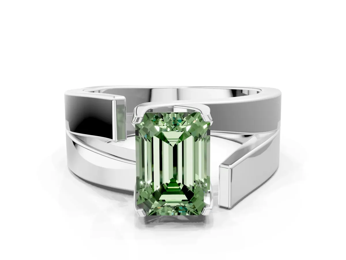 Fancy Green Modern Tension Set Emerald Cut Diamond Solitaire Wide Band Ring Platinum
