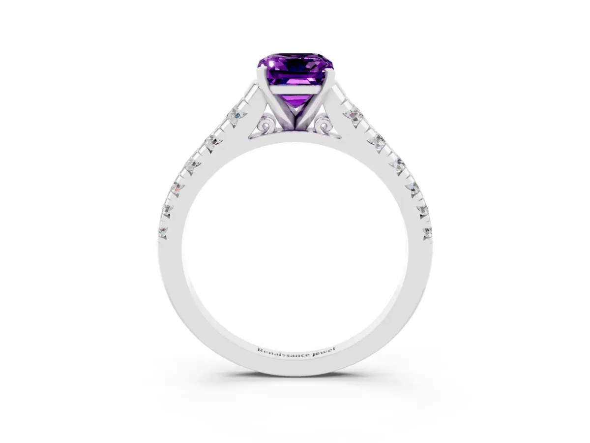 Emerald Cut Amethyst Cathedral Solitaire Ring with Round Pavé Band Platinum