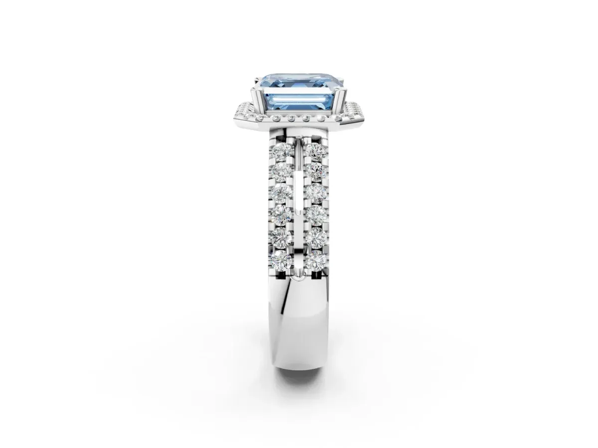 Fancy Blue Asscher Cut Halo Diamond Split Shank Engagement Ring with Prong Setting Platinum