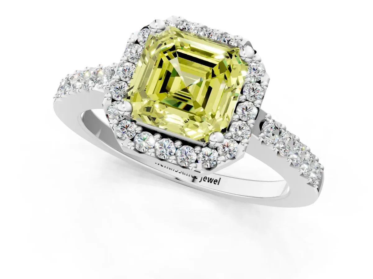 Fancy Yellow Asscher Cut Halo Diamond Pavé Solitaire Ring Platinum