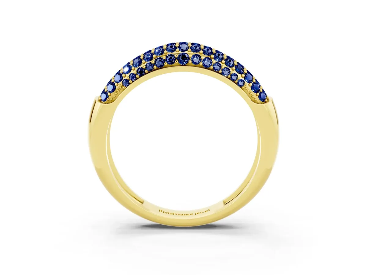 Three-Row Pavé Round Blue Sapphire Dome Band Yellow gold