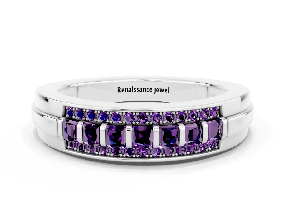 Bar-Set Princess Cut Amethyst Pavé Band White gold