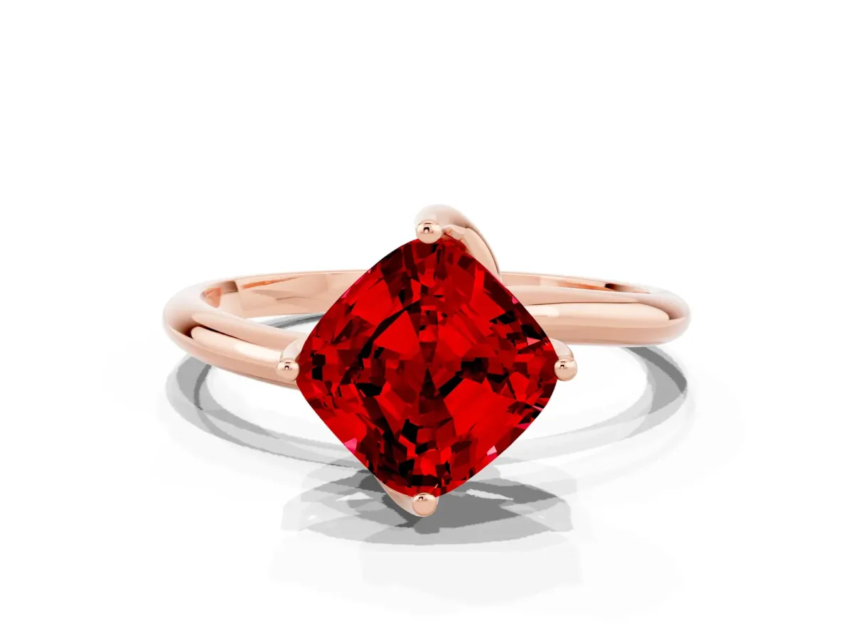 Cushion Cut Ruby Solitaire Engagement Ring with Four-Prong Setting and Classic Band Rose gold