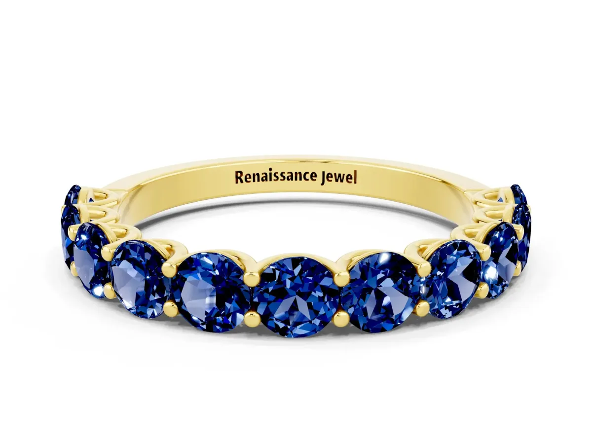Round Blue Sapphire Shared Prong Eternity Band Yellow gold