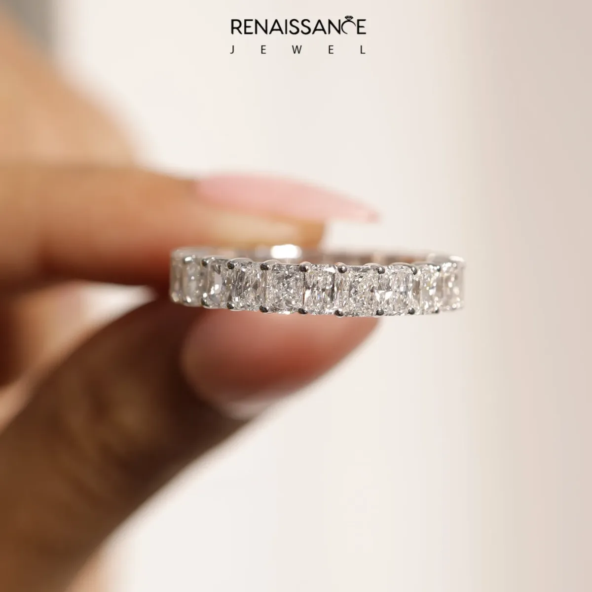 radiant Cut eternity band with shared prong setting Platinum