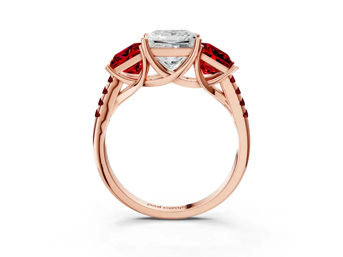Three-Stone Princess Cut Diamond Ring with Round Ruby Pavé Band and Prong Setting Rose gold
