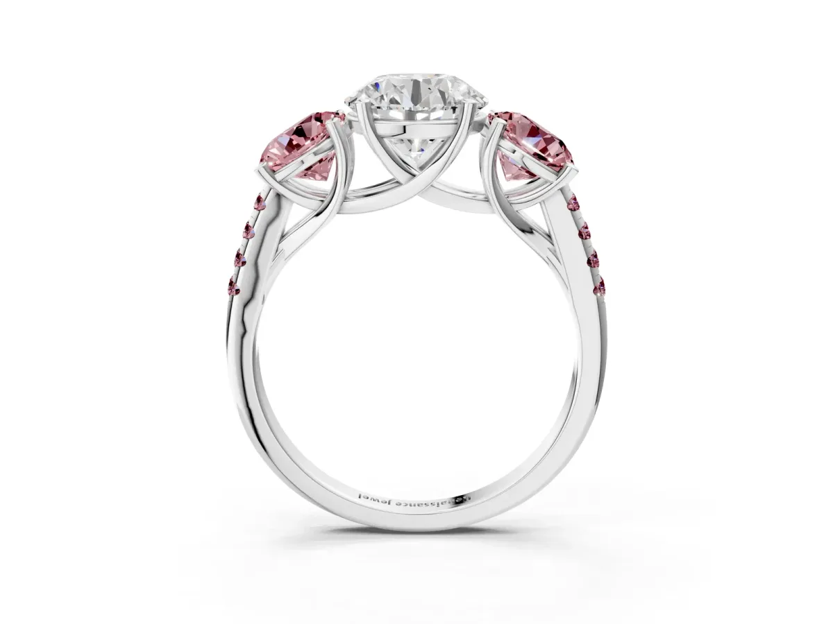 Three-Stone Round Cut Diamond Ring with Round Morganite Pavé Band and Prong Setting Platinum