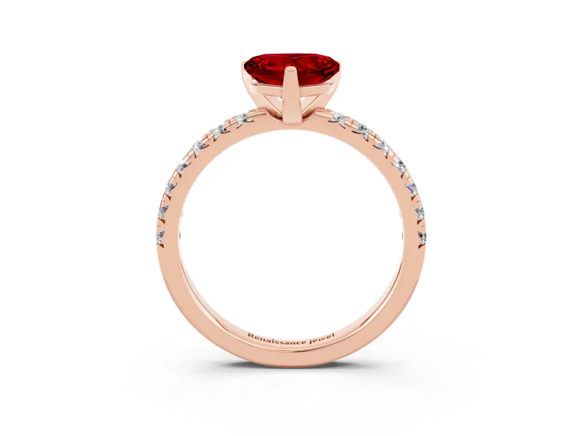 Heart Cut Ruby Solitaire Pavé Engagement Ring with Round Band and Prong Setting Rose gold