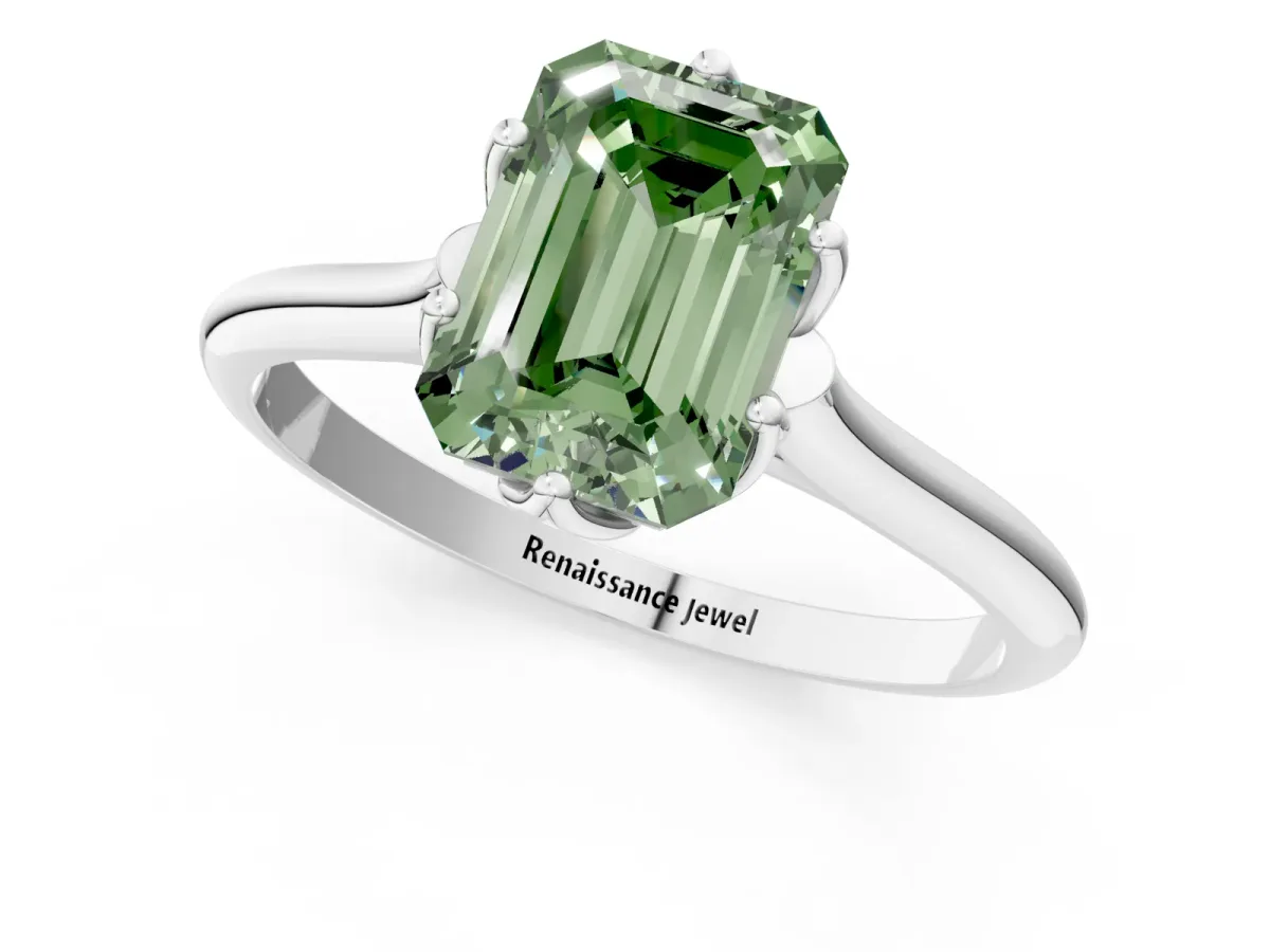 Fancy Green Emerald Cut Solitaire Cathedral Diamond Ring with Six-Prong Setting Silver