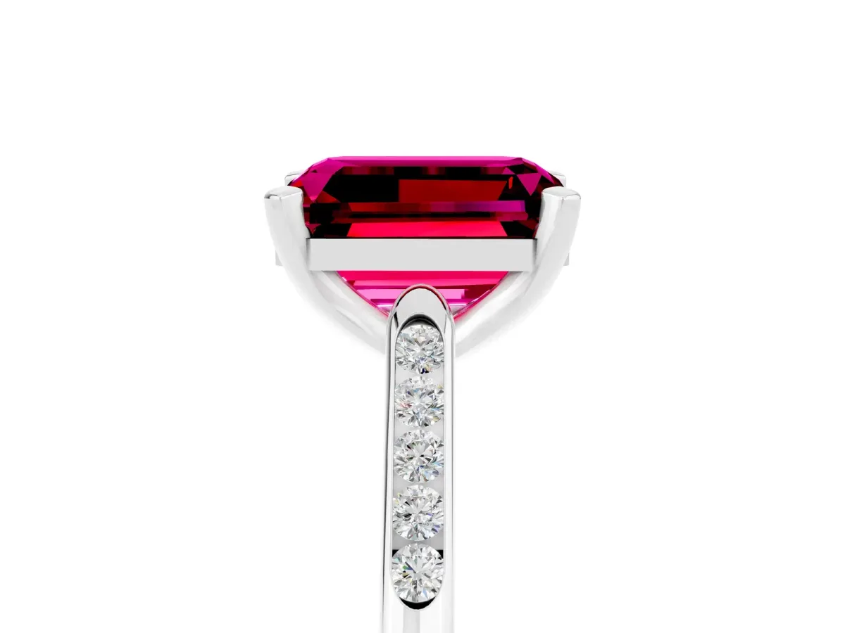 Emerald Cut Garnet Solitaire Ring with Channel Set Round Band and Prong Setting Silver