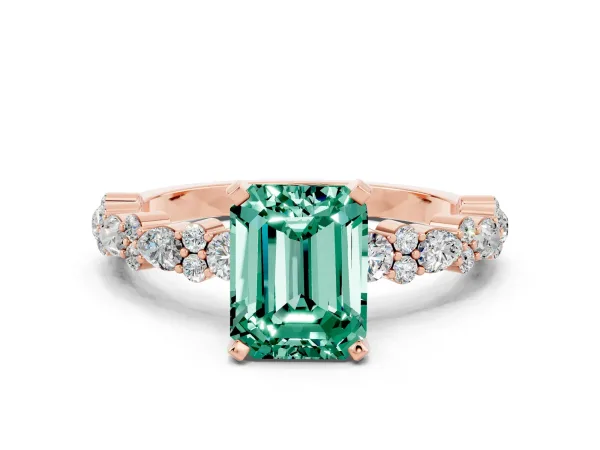 Emerald Cut Green Sapphire Side Stone Solitaire Ring with Round and Four-Prong Setting Rose gold