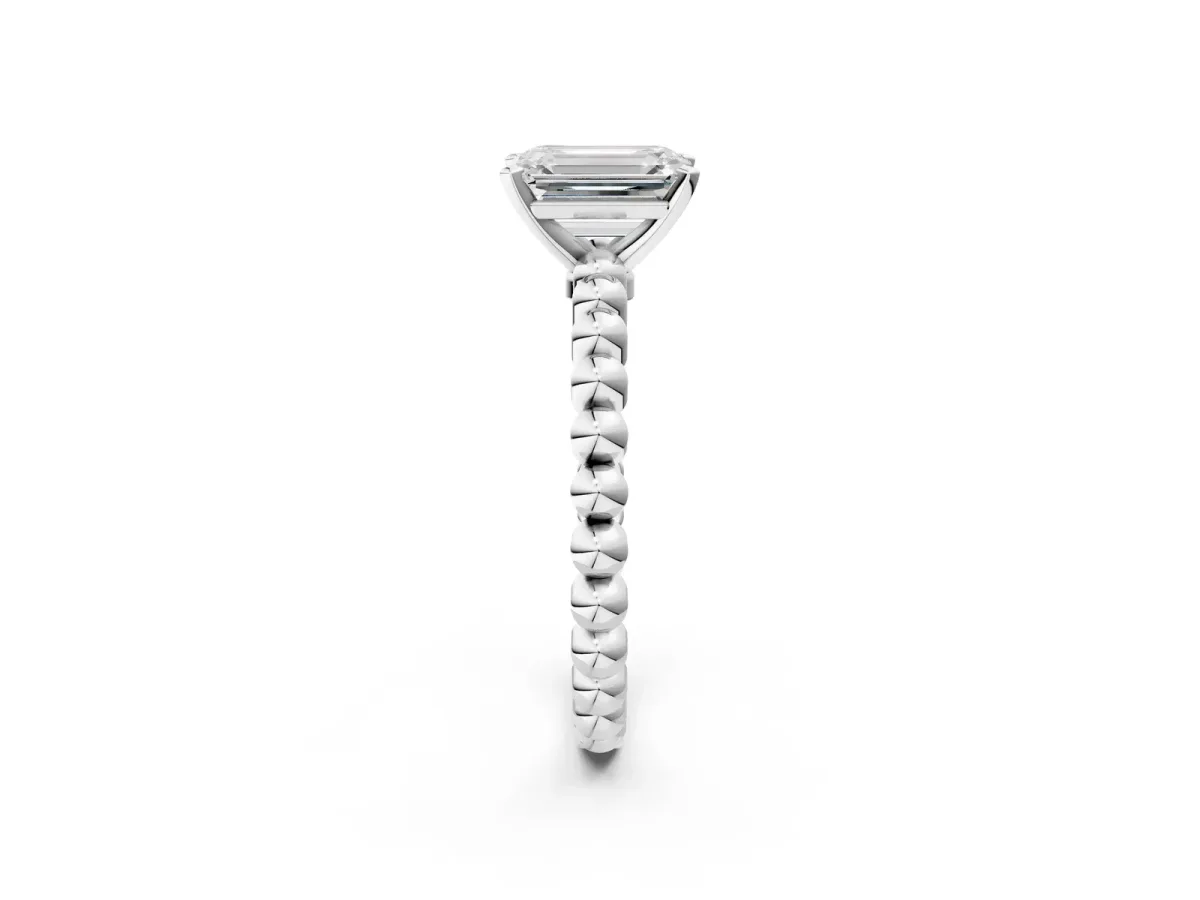 Emerald Cut Diamond Solitaire Ring with Beaded Band and Prong Setting Silver