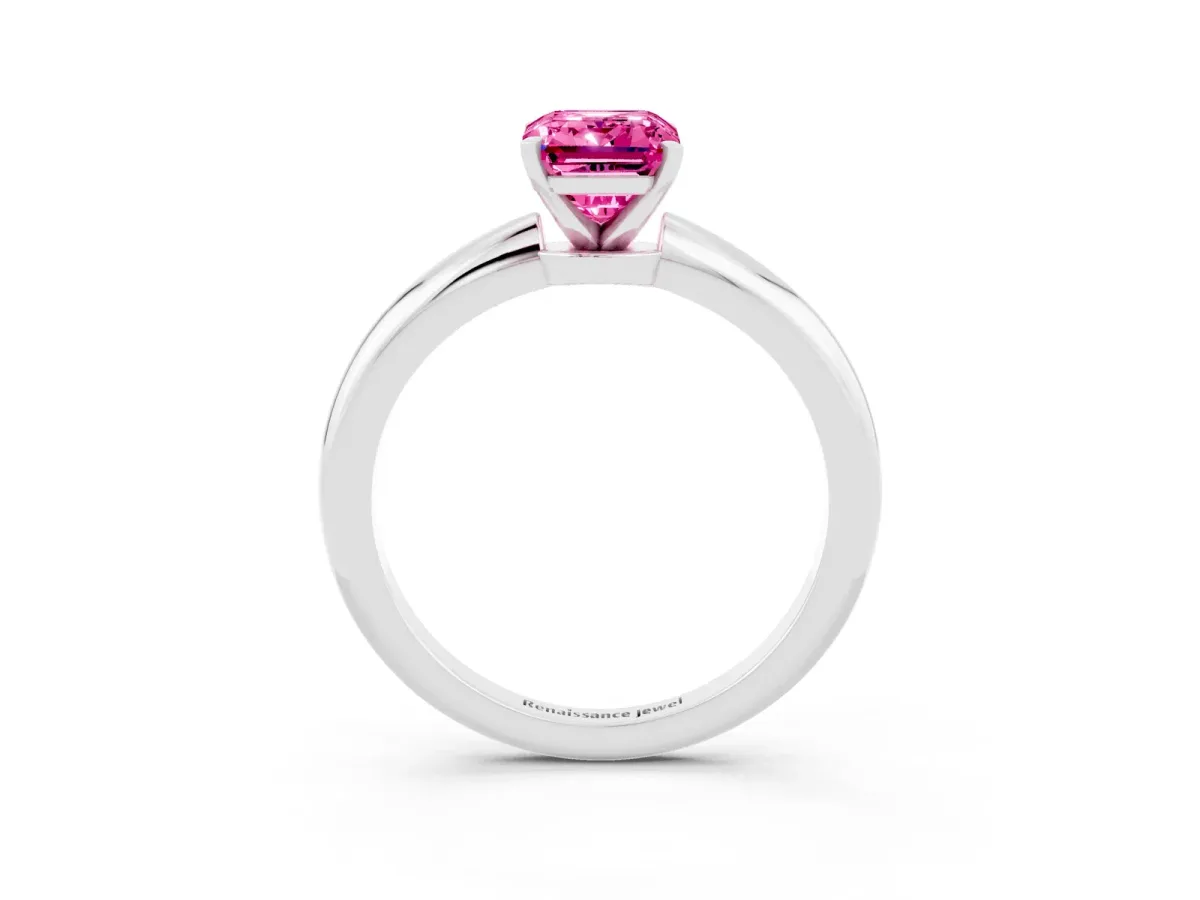 Emerald Cut Pink Sapphire Solitaire Ring with Six-Prong Setting and Classic Band Silver