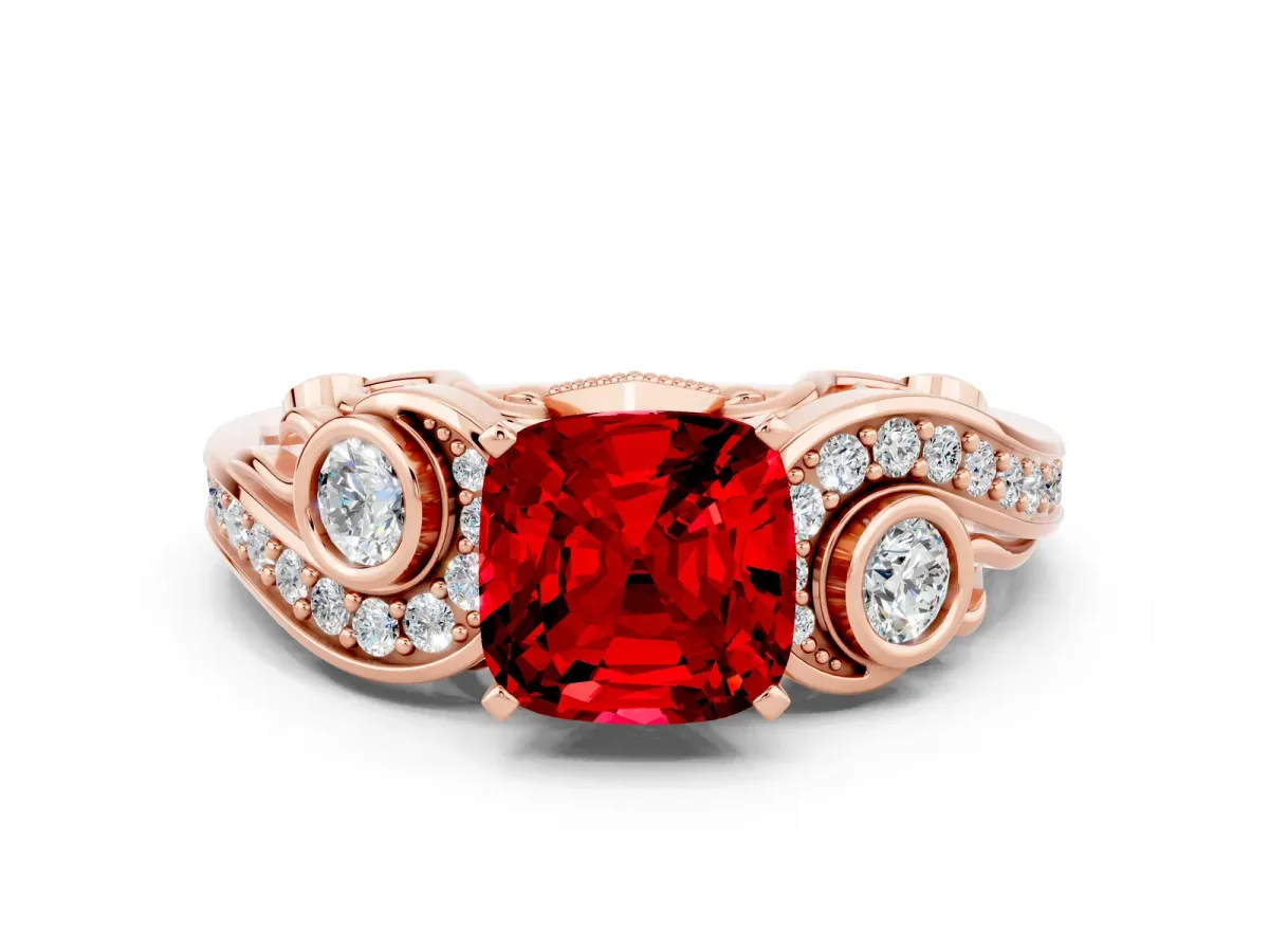 Cushion Cut Ruby Solitaire Ring with Milgrain Pavé Band and Four-Prong Setting Rose gold