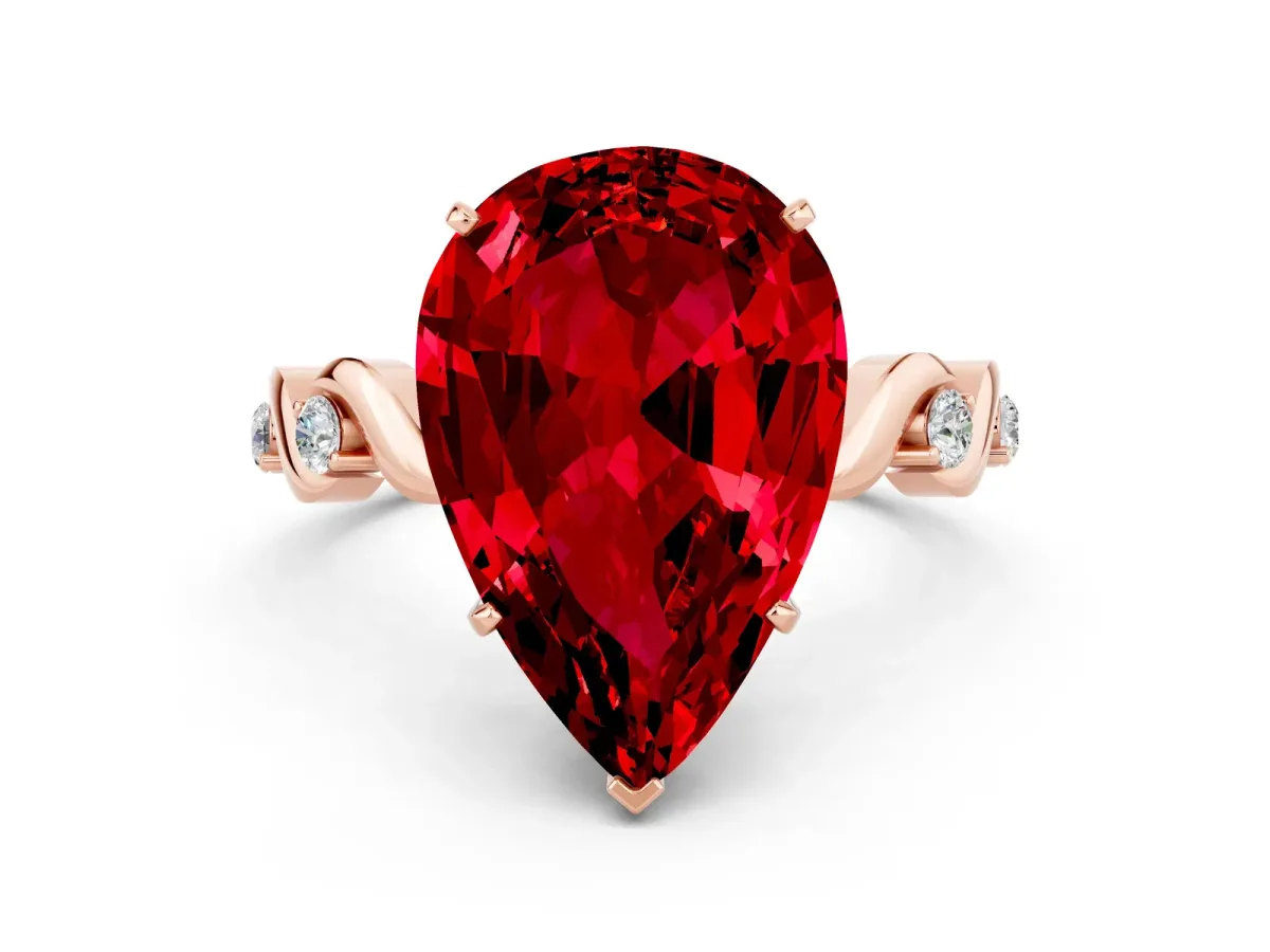 Pear Cut Ruby Solitaire Twisted Band with Round Accents and Prong Setting Rose gold