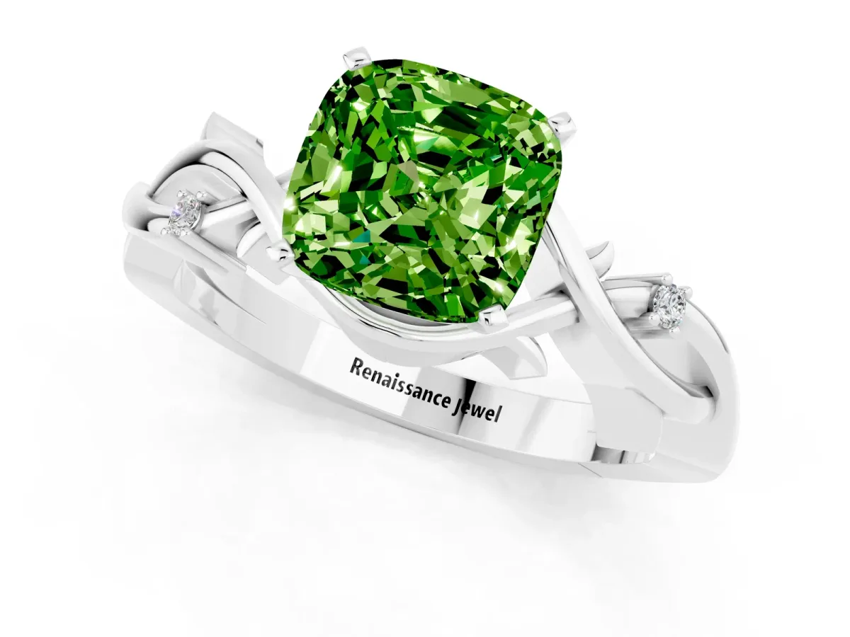 Cushion Cut Peridot Solitaire Ring with Twisted Band and Prong Setting Platinum