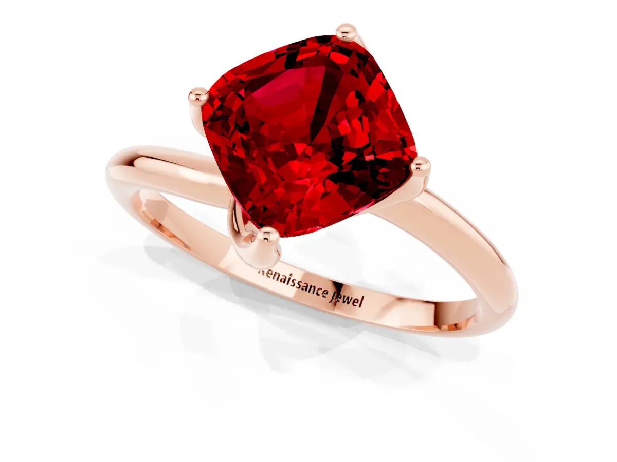 Cushion Cut Ruby Solitaire Engagement Ring with Four-Prong Setting and Classic Band Rose gold