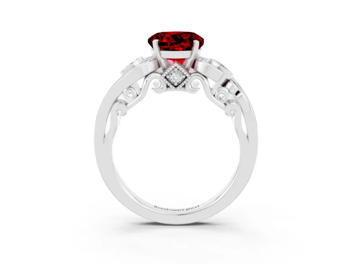 Round Cut Ruby Solitaire Ring with Milgrain Pavé Band and Four-Prong Setting Silver