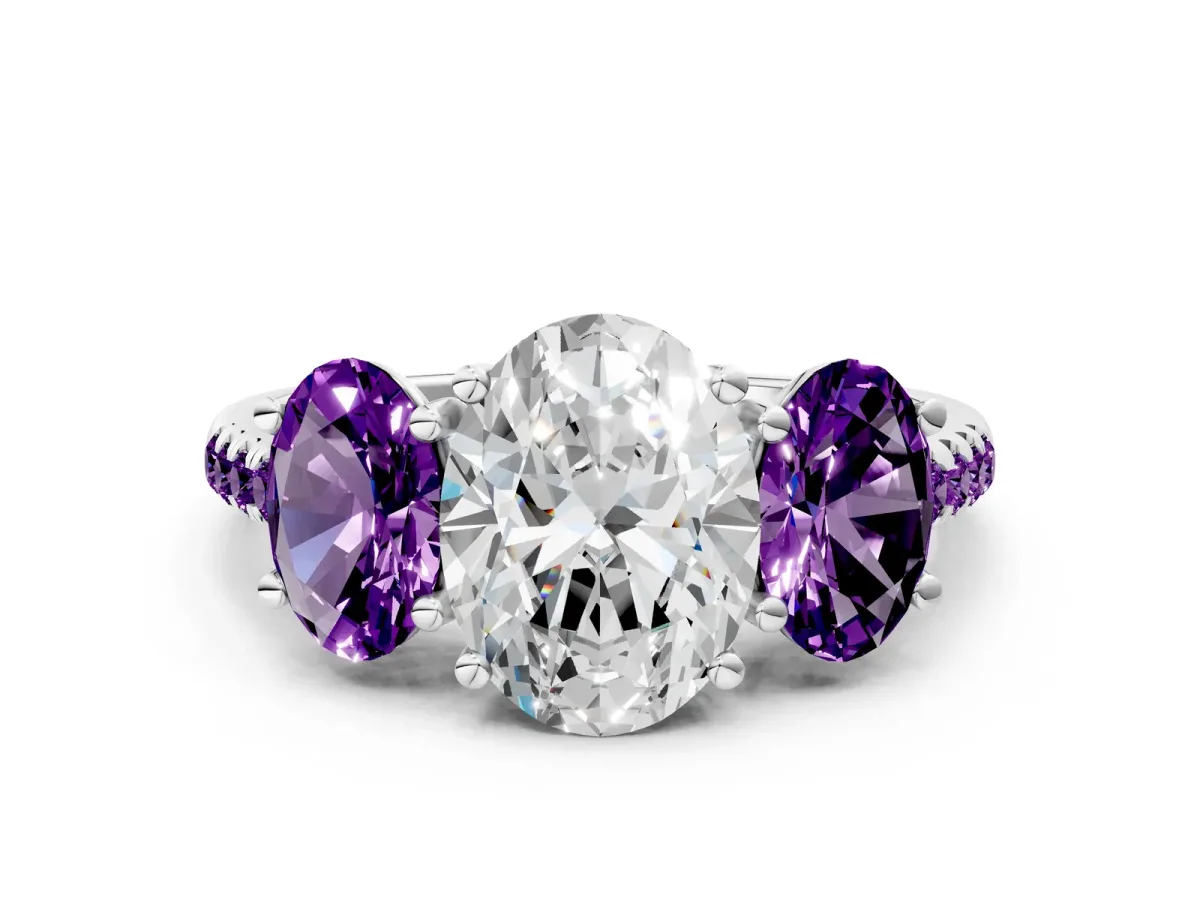Three-Stone Oval Cut Diamond Ring with Round Amethyst Pavé Band and Prong Setting Silver