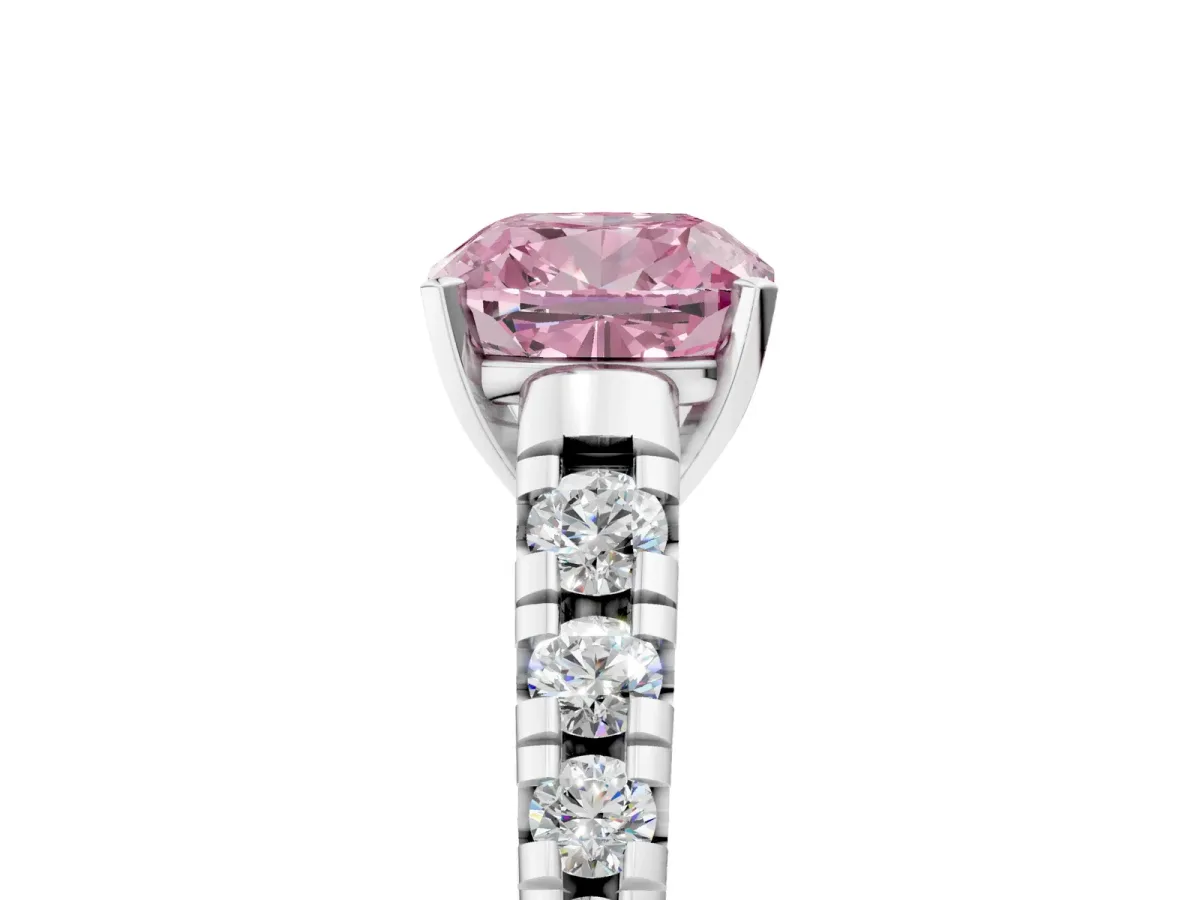 Fancy Pink Cushion Cut Diamond Cathedral Solitaire Ring with Round Pavé Band Silver