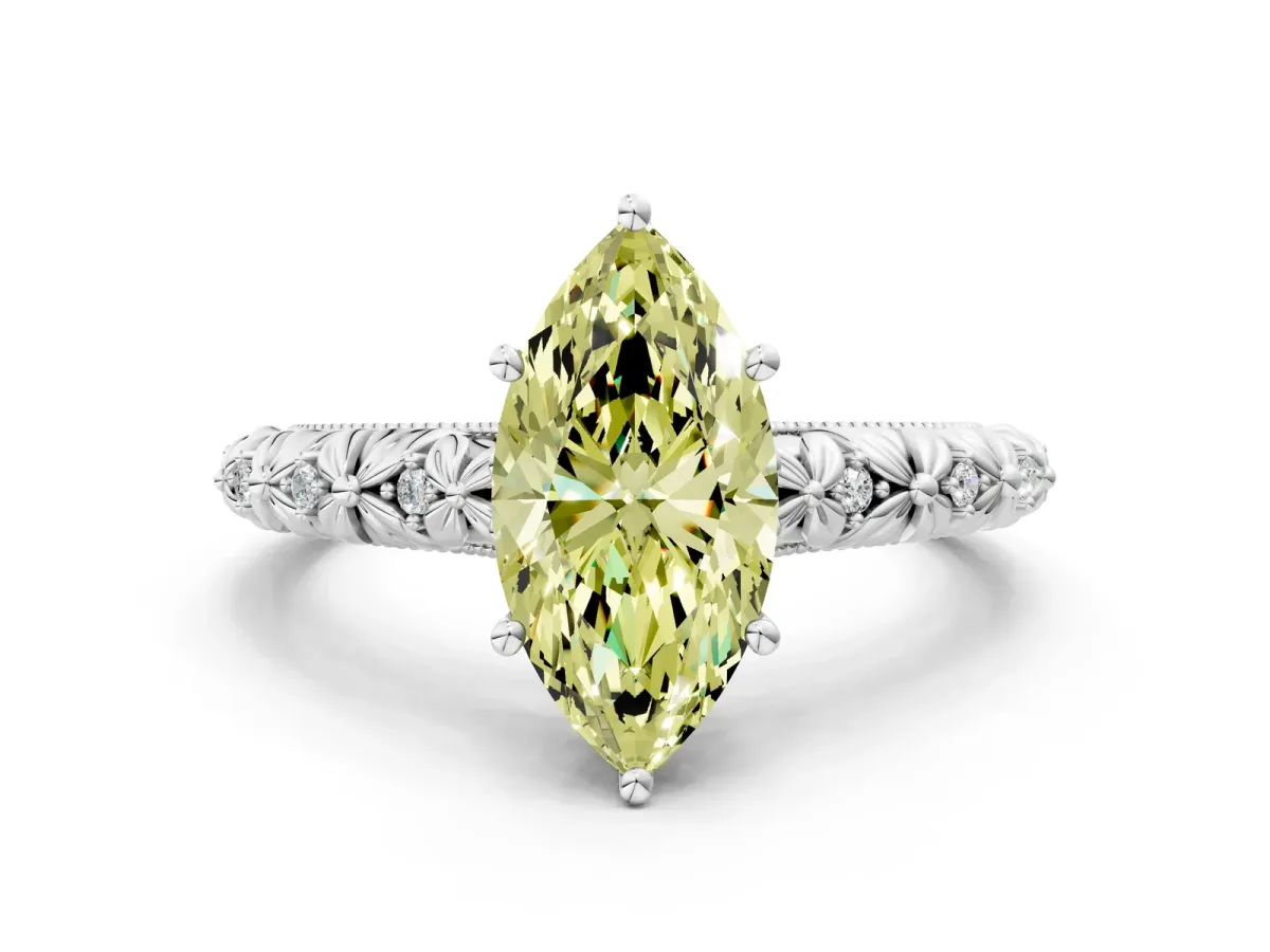 Fancy Yellow Marquise Cut Solitaire Floral Milgrain Engagement Ring Silver