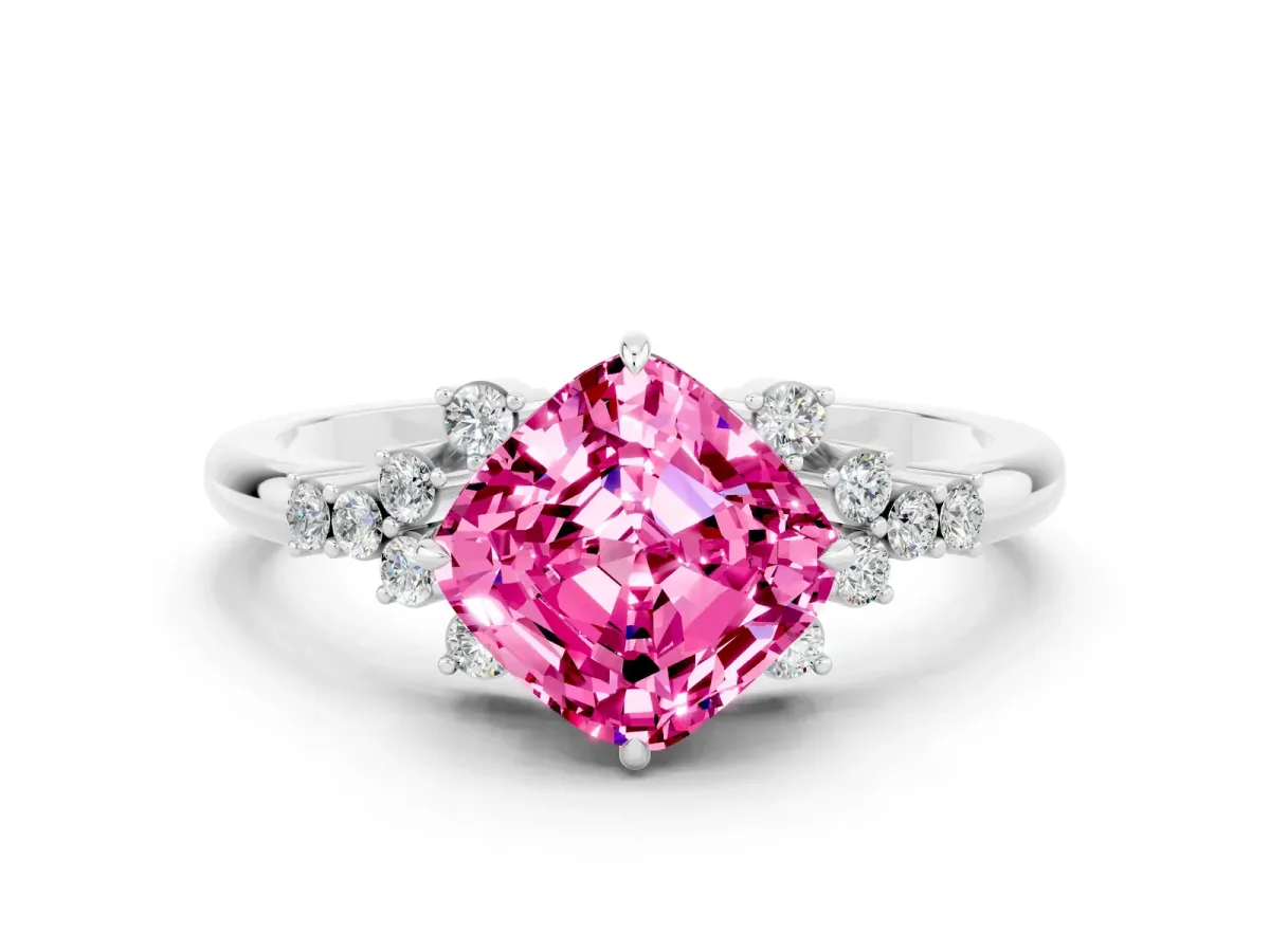 Cushion Cut Pink Sapphire Ring with Side Stones and Four-Prong Setting Silver