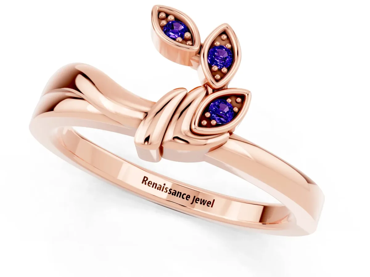 Three-Stone Round Tanzanite Leaf Bypass Ring with Bezel Setting Rose gold