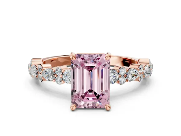 Fancy Pink Emerald Cut Diamond Side Stone Solitaire Ring with Round and Four-Prong Setting Rose gold